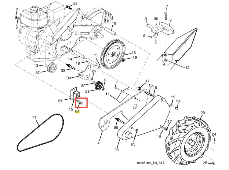 Śruba kultywatora TR 530 Husqvarna, metaliczna, cylindryczna z gwintem i płaskim łbem, widoczna z innymi elementami układu na białym tle, zbliżenie na gwint i detale.