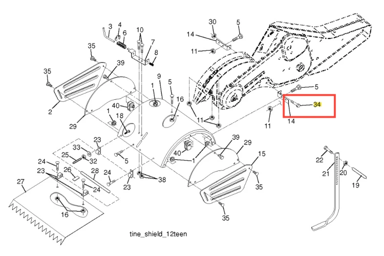 Śruba kultywatora TR 530 Husqvarna o metalicznej fakturze, mocująca elementy, widoczna z boku. Produkt ma zdobienia w postaci rowków. Na schemacie zaznaczony numer 34. Wysoka jakość wykonania, idealna do naprawy sprzętu ogrodowego.