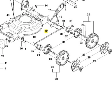 Drążek kosiarki LB 348V Husqvarna z numerem 42 w schemacie części zamiennych. Metalowe elementy, m.in. tarcze i wałki, na jasnym tle z czytelnymi numerami identyfikacyjnymi.