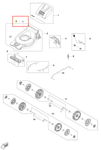 Korek kosiarki Model LC 137i, metalowy element, okrągły, bez akumulatora i ładowarki. Zbliżenie na część, zamontowany w górnej obudowie kosiarki. Widoczne miejsca mocowania, konstrukcja bez dodatkowych zdobień, w kontekście schematu części.