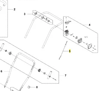Drut kosiarki Husqvarna Model LC 137i, bez akumulatora i ładowarki. Zbliżenie na detale konstrukcyjne części kosiarki, w tym metalowe mocowania oraz elementy łączące. Widoczne również uchwyty i inne akcesoria montażowe, na białym tle.