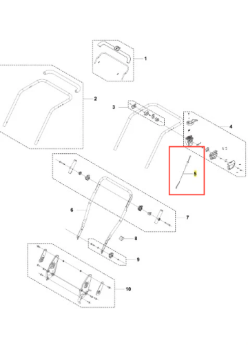 Drut kosiarki Husqvarna Model LC 137i, zaznaczony na schemacie, ma cylindryczny kształt, metalową powierzchnię i jest umieszczony w centralnej części diagramu. Widoczny w kontekście montażowym, obok pozostałych elementów konstrukcyjnych.