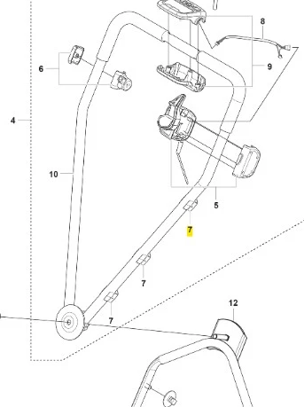 Uchwyt przewodu kosiarki Husqvarna LB 448i, stalowy, w kształcie litery U, szary, z mocowaniami na przewody, widok boczny z detalami łączeń.