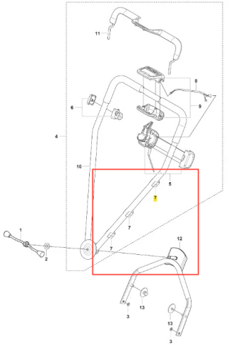 Uchwyt przewodu kosiarki LB 448i Husqvarna, metalowy, prostokątny z dwoma otworami mocującymi, w kolorze czarnym. Widok z boku, w zbliżeniu na detal mocowania, bez dodatkowych elementów. Umożliwia stabilne prowadzenie przewodu.
