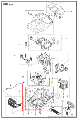 Osłona kosiarki LB 448i Husqvarna w kolorze szarym. Produkt przedstawiony z boku, ukazujący szczegóły mocowania oraz strukturalne elementy. Widać logo Husqvarna. Tło białe, co podkreśla kontury osłony. Używana w systemie zasilania kosiarki.