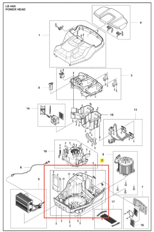 Osłona kosiarki LB 448i Husqvarna w kolorze szarym. Produkt przedstawiony z boku, ukazujący szczegóły mocowania oraz strukturalne elementy. Widać logo Husqvarna. Tło białe, co podkreśla kontury osłony. Używana w systemie zasilania kosiarki.