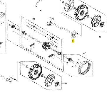 Oś kosiarki LB 256SP Husqvarna w układzie rozbiórkowym. Elementy metalowe oraz plastikowe, z widocznymi numerami części. Oś umieszczona w centralnej części, z otworami do mocowania. Przezroczyste detale i oznaczenie bardzo starannie widoczne.