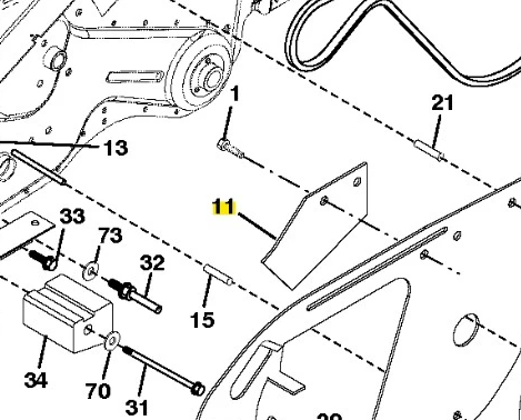 Metalowa osłona kultywatora TR 430 Husqvarna, szara, z bocznym mocowaniem i wycięciami. Widoczne elementy montażowe oraz żółty numer części 11 na białym tle, ujęcie z boku.