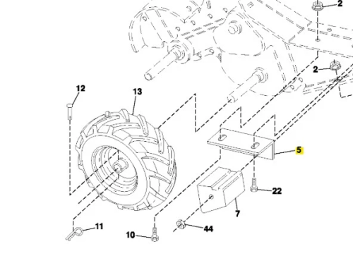 Wzmocnienie kultywatora TR 430 Husqvarna z metalowym mocowaniem i gumowym kołem z bieżnikiem. Widok boczny z elementami montażowymi, śrubami i częściami zapasowymi, ukazujący rozłożone części łączące.