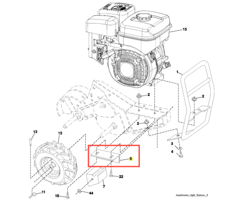 Wzmocnienie kultywatora TR 430 Husqvarna, metalowy element montażowy w kolorze szarym, widoczny z boku. Zawiera otwory na śruby do montażu i ma prostokątny kształt. Element znajduje się na schemacie obok innych części kultywatora.