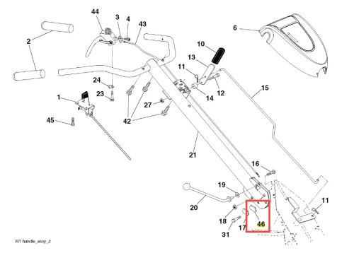 Uchwyt kultywatora TR 530 Husqvarna w kolorze czarnym, wykonany z metalu. Produkt widoczny w ujęciu frontalnym, złożony, z rączką i elementami mocującymi. Na uchwycie widoczne są numery identyfikacyjne części. Tło białe.