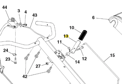 Uchwyt zmiany biegów kultywatora TR 530 Husqvarna, czarny, wykonany z metalu, z ergonomiczną rączką. Widok z boku, ukazujący detale mocowania i najważniejsze elementy, jak przyciski i śruby montażowe. Elementy zamontowane na ramie, w użyciu.