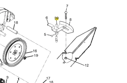 Korek tłoczka czarny do kultywatora TR 530 Husqvarna, przedstawiony w z góry, rozmontowanej pozycji. Widoczny zespół montażowy z oznaczeniem 39, zawiera kluczowe elementy, w tym śrubę. Kolor czarny, gładka faktura, metalowy materiał.