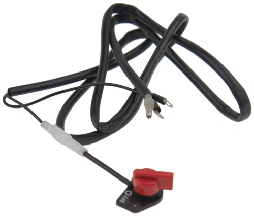 Wyłącznik stop kultywatora T300RS Compact Pro Husqvarna z czerwonym przyciskiem i czarnym kablem, widok z boku podkreślający przycisk z oznaczeniami O i 1 oraz długość przewodu na prostym tle.