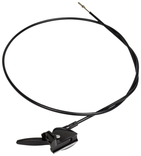 Czarna linka kultywatora T300RS Compact Pro Husqvarna z przegubowym mechanizmem i metalowym mocowaniem, ułożona poziomo na prostym tle. Optymalna długość do użytku w ogrodzie.