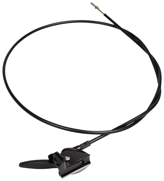 Czarna linka kultywatora T300RS Compact Pro Husqvarna z przegubowym mechanizmem i metalowym mocowaniem, ułożona poziomo na prostym tle. Optymalna długość do użytku w ogrodzie.
