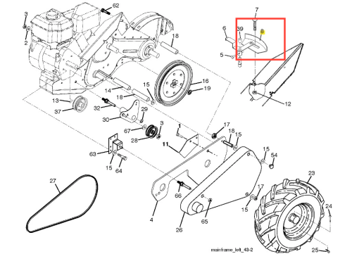 Panel wskaźnika zmiany biegów kultywatora TR 530 Husqvarna, ciemnoszary, prostokątny, z otworami montażowymi i oznaczeniami numerów, widok boczny, na schemacie wśród części kultywatora.