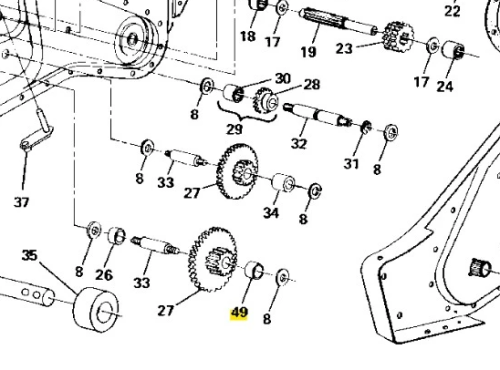 Tulejka dystansowa kultywatora TR 530 Husqvarna, metalowa, okrągła, o gładkiej powierzchni, widoczna w perspektywie z boku. Element montażowy z zaznaczoną numeracją. W otoczeniu innych części kultywatora, na schemacie ilustracyjnym.