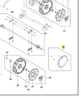 Uszczelka kosiarki Husqvarna LC 151 w żółtym prostokącie, okrągła z wycięciami, widoczna w dolnej części schematu, trwała i idealnie dopasowana do mechanizmu uszczelniania.