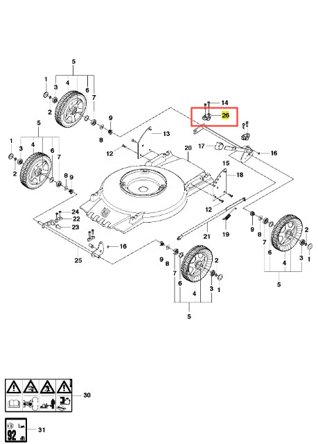 Wspornik kosiarki LB 442i Husqvarna z widocznym detalem mocowania, na schemacie w formie rysunku technicznego. Ujęcie z góry przedstawia części i system montażowy. Elementy oznaczone numerami, w tym śruby i koła, na neutralnym tle.