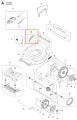Skrzynka na kosiarkę LC 151S Husqvarna, z widocznymi mocowaniami i kształtem dostosowanym do modelu. Produkt pokazany z góry, na białym tle. Materiał plastikowy, kolor szary. Wymiar i szczegóły mocowania jasno widoczne.