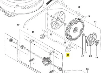 Oś kosiarki LC 151S Husqvarna, metalowa, w kolorze srebrnym, z wyraźnymi oznaczeniami numeru 10. Element w układzie montażowym, z widocznymi mocowaniami. Szczegółowy widok z boku, pokazujący współpracujące części.