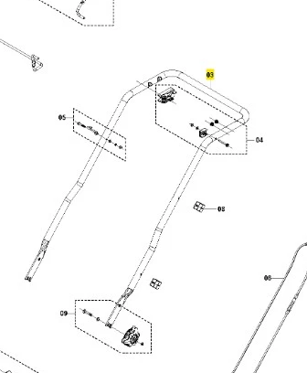 Uchwyt do kosiarki LB 256SP Husqvarna, widok z góry. Elementy metalowe w kolorze srebrnym, z wyraźnymi mocowaniami. Uchwyt ma prostą formę z ergonomicznymi detalami. Na rysunku zaznaczone numery części dla identyfikacji.