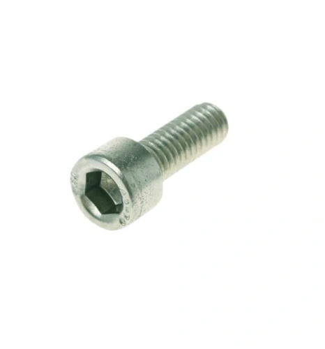 Śruba kultywatora TF 120 Husqvarna, metaliczna, z sześciokątnym gniazdem na końcu. Widok z boku, ukazujący gwintowaną część oraz główkę. Produkt o blasku stali, przeznaczony do montażu narzędzi ogrodowych. Tło białe.