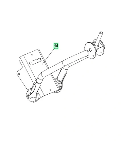 Uchwyt wzmocnienia do kultywatora TR 348 Husqvarna, szary, z boku, z diagramem i oznaczeniem 14. Zaokrąglone krawędzie i mocowanie z detalami technicznymi.