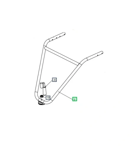 Kierownica kultywatora TF 435P Husqvarna w kolorze metalicznym, o kształcie litery V. W zbliżeniu pokazano element mocujący oraz uchwyty. Produkt leży na białym tle, co podkreśla jego szczegóły konstrukcyjne i proporcje.