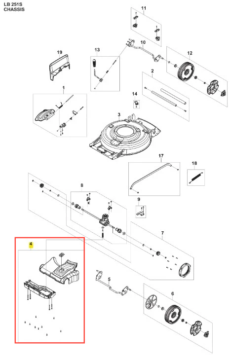 Osłona kosiarki LB 251S Husqvarna w kolorze czarnym, prostokątna, z widocznymi otworami mocującymi. Zbliżenie na element montażowy, ukazujący detale konstrukcyjne. Produkt leży na płaskiej powierzchni, na białym tle.
