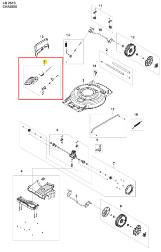 Płyta zestawu kosiarki LB 251S Husqvarna w kolorze czarnym, wykonana z tworzywa sztucznego. Widok z góry; element leżący na białym tle, z wyraźnymi ilustrowanymi detalami konstrukcyjnymi oraz numeracją. Brak dodatkowych akcesoriów.