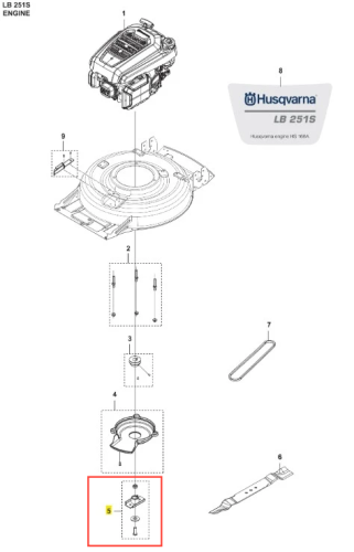 Metalowy wspornik łopatki kosiarki LB 251S Husqvarna, srebrny, okrągły z otworem na śrubę i napisem Husqvarna, przeznaczony do montażu w kosiarkach na jednolitym tle.