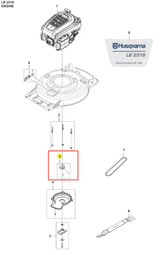 Krażek linowy do kosiarki LB 251S Husqvarna w kolorze czarnym. Element o okrągłym kształcie, z widocznym otworem w centrum oraz wyraźnymi detalami mocowań. Przedstawiony w ujęciu bocznym, z prostym białym tłem dla lepszej widoczności.