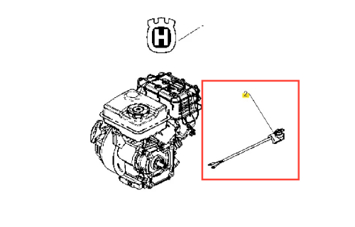 Wyłącznik kultywatora TF 120 Husqvarna, widoczny z boku, instalowany na silniku. Brązowe elementy metalowe, prosty kształt, z wyraźnym oznaczeniem. Długi kabel z końcówką do podłączenia. Tło jednolite, biały.
