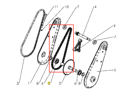 Łańcuch kultywatora TF 120 Husqvarna, widok z boku, z detalami inspirującymi do użytku. Widoczny mechanizm, napinacz, mocowania w różnych kształtach. Kolor srebrny, metalowy, stosunkowo nowy. Elementy śrubowe oraz oznaczenia, z wysoką precyzją.
