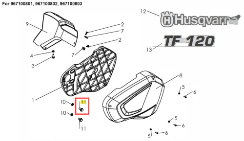 Śruba kultywatora TF 120 Husqvarna, metalowa, o srebrnym kolorze, widoczna z przodu. Wyróżniający się kształt oraz oznaczenia na elemencie. Obok inne części kultywatora TF 120. Tło proste, ułatwiające percepcję detalu.