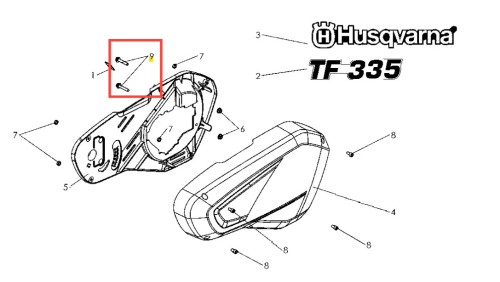 Srebrna metalowa śruba kultywatora TF 120 Husqvarna z widocznym gwintem, ujęcie boczne na schemacie montażowym. Brak wymiarów, napisów i logo.