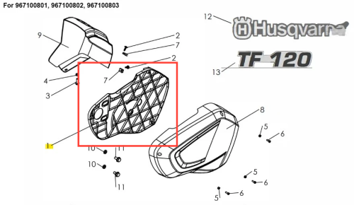 Pokrywa kultywatora TF 120 Husqvarna, w kolorze czarnym, z teksturowaną powierzchnią. Ujęcie frontalne, wyróżnia się charakterystycznym kształtem i logo Husqvarna. Widoczna część z funkcjonalnym wzorem, idealna do urządzeń ogrodowych.