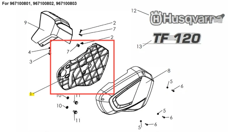 Pokrywa kultywatora TF 120 Husqvarna, w kolorze czarnym, z teksturowaną powierzchnią. Ujęcie frontalne, wyróżnia się charakterystycznym kształtem i logo Husqvarna. Widoczna część z funkcjonalnym wzorem, idealna do urządzeń ogrodowych.