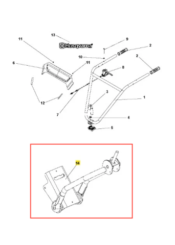 Uchwyt wzmocnienia kultywatora TR 348 Husqvarna w kolorze szarym. Produkt przedstawiony w zbliżeniu, pokazujący jego metalową konstrukcję oraz mocowania. Widoczny napis „Husqvarna” na elemencie. Element jest rozłożony i gotowy do montażu.