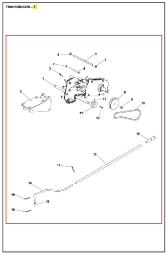 Skrzynia biegów kultywatora TR 348 Husqvarna, przedstawiona z boku, na białym tle. Widoczne elementy mechaniczne, w tym koło pasowe, wałek i obudowa z oznaczeniami. Ujęcie szczegółowe, umożliwiające dostrzeżenie montażu oraz numerów części.