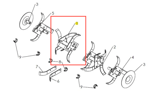 Ząb kultywatora TF 335 Husqvarna, metalowy, w kształcie litery U. Przeznaczony do montażu w kultywatorach, z widocznymi wokół mocowaniami. Detale podkreślają funkcjonalność narzędzia. Ujęcie w zbliżeniu na strukturę oraz kształt zęba.