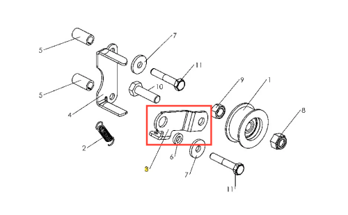 Metalowy uchwyt kultywatora TF 335 Husqvarna, srebrny, z otworem mocującym i mechanizmem z przyciskiem, pokazany z czterema śrubami i podkładkami na białym tle.