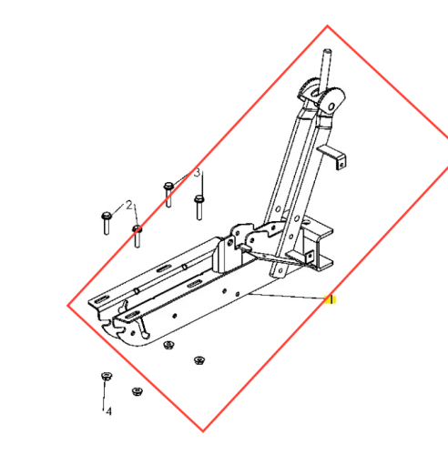 Rama kultywatora TF 435P Husqvarna w układzie złożonym, srebrna metalowa konstrukcja z widocznymi śrubami, uchwytem i oznaczeniami numerów części, na białym tle.