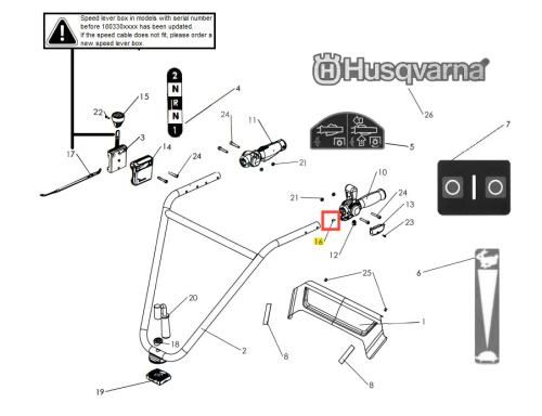 Zespół przewodu kultywatora TF 435P Husqvarna czarny, widok z góry. Widać ruchome elementy, dźwignie, oznaczenia prędkości i logo Husqvarna w prawym górnym rogu. Produkt nowy na białym tle.