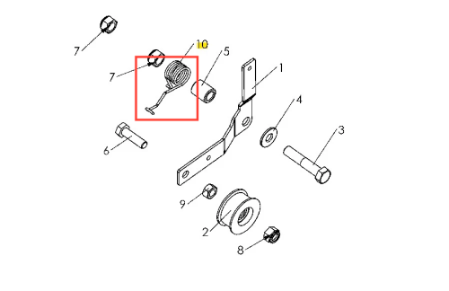 Sprężyna kultywatora TF 435P Husqvarna, metalowa i spiralna, z przymocowanym końcem, widoczna z boku z innymi częściami, na białym tle, z detalami metalu i oznaczeniami numeracyjnymi.
