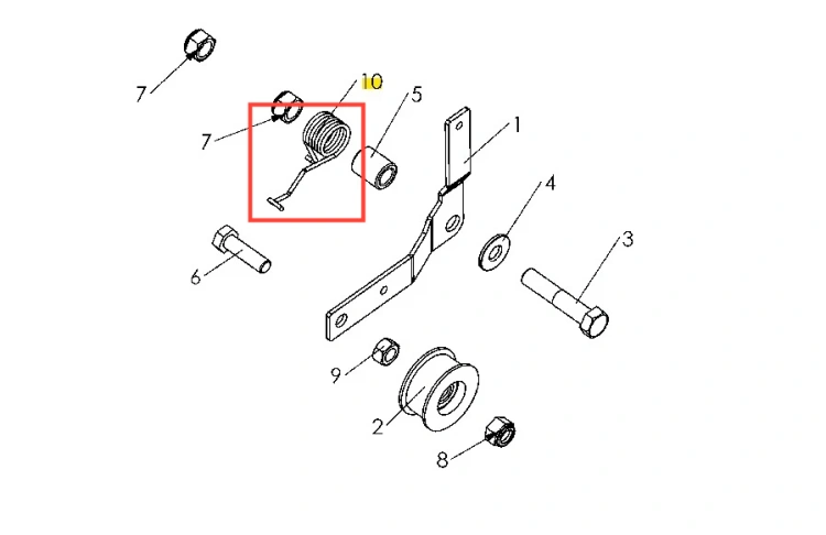 Sprężyna kultywatora TF 435P Husqvarna, metalowa i spiralna, z przymocowanym końcem, widoczna z boku z innymi częściami, na białym tle, z detalami metalu i oznaczeniami numeracyjnymi.