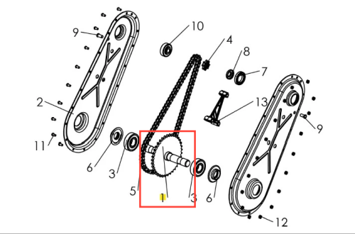 Wał nożowy kultywatora TF 435P Husqvarna, widoczny w diagramie, z zaznaczeniem detalu przy kółku łańcucha. Elementy są przedstawione w układzie frontalnym, na białym tle, ze schematycznymi oznaczeniami numerów dla komponentów.