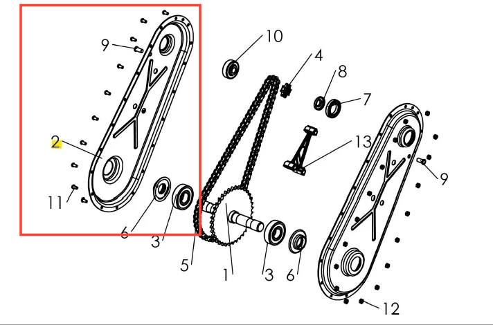 Zbliżenie obudowy kultywatora TF 435P Husqvarna z mechaniczną ramą, rowkami i otworami montażowymi oraz widocznymi symbolami i numerami elementów w prostym, technicznym designie.